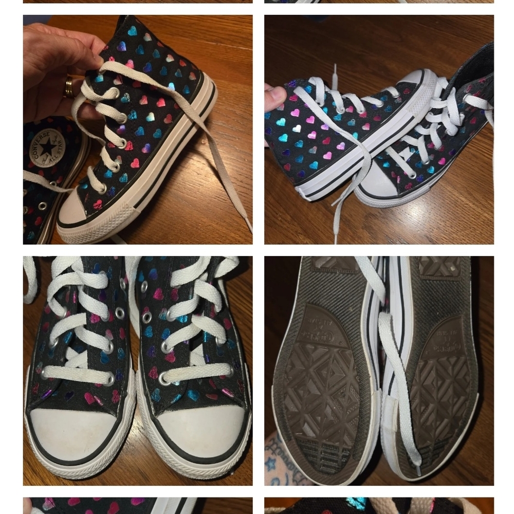 Converse Kids' High-Top Sneakers - Black with Colorful Hearts Girls Size 12